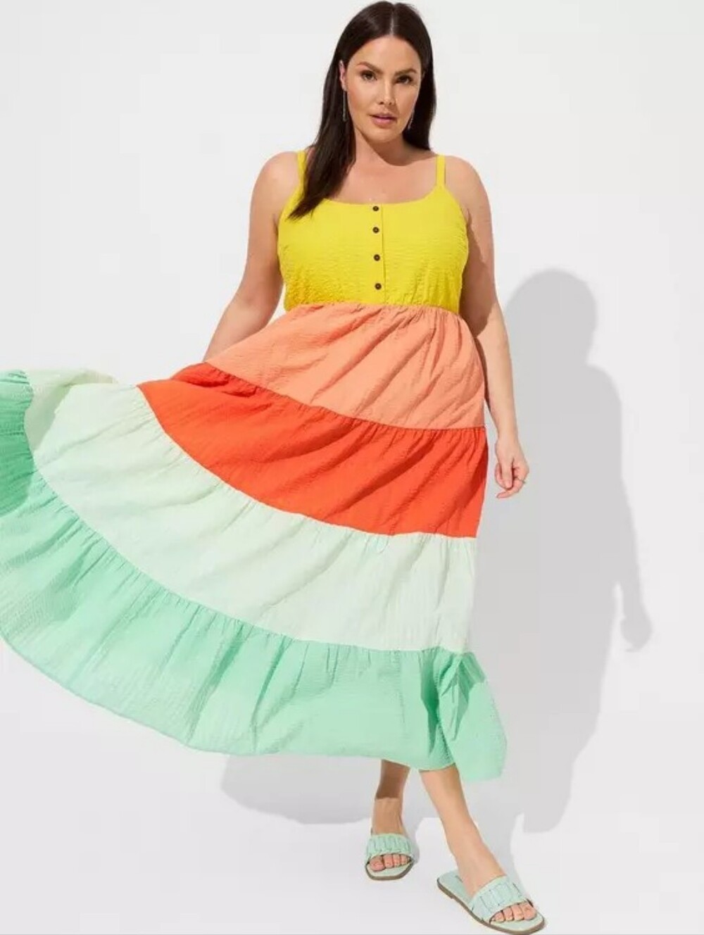 Torrid Yellow Orange Green Seersucker Colorblock Tiered Maxi Dress Plus 3X Nwt
